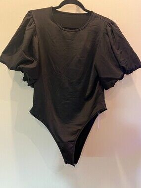 Black Puff Sleeve Bodysuit Womens Stretch Fitted Top Trendy Cute Shirt XL